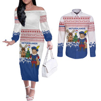 Netherlands Christmas Couples Matching Off The Shoulder Long Sleeve Dress and Long Sleeve Button Shirt with Christmas Tree Windmill Piet Character and Tulip Pattern - Wonder Print Shop