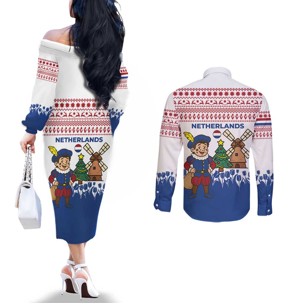 Netherlands Christmas Couples Matching Off The Shoulder Long Sleeve Dress and Long Sleeve Button Shirt with Christmas Tree Windmill Piet Character and Tulip Pattern - Wonder Print Shop
