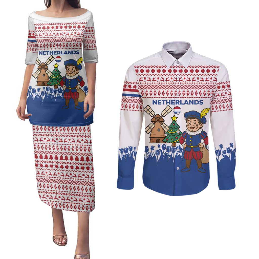 Netherlands Christmas Couples Matching Puletasi and Long Sleeve Button Shirt with Christmas Tree Windmill Piet Character and Tulip Pattern - Wonder Print Shop