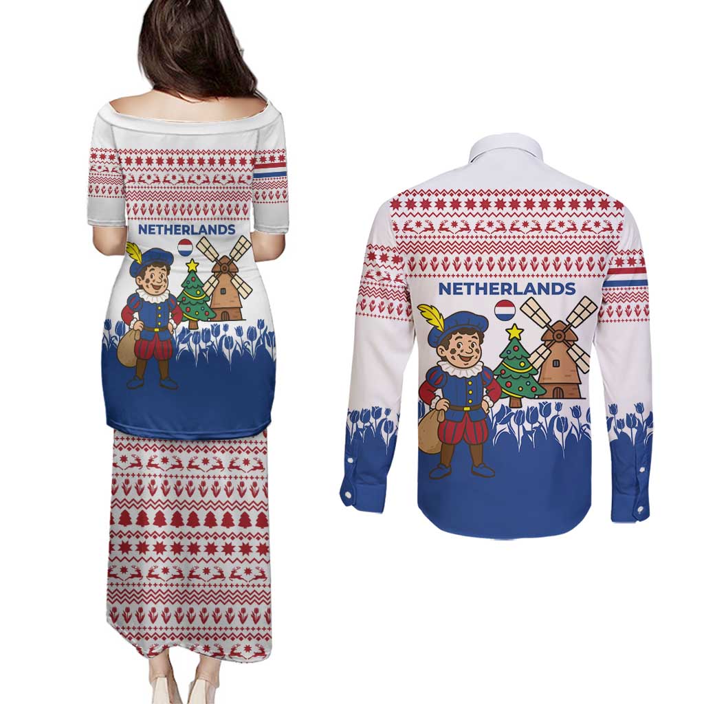 Netherlands Christmas Couples Matching Puletasi and Long Sleeve Button Shirt with Christmas Tree Windmill Piet Character and Tulip Pattern - Wonder Print Shop