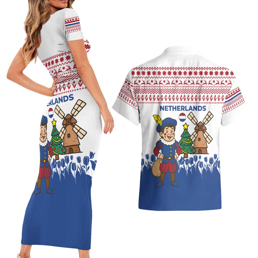 Netherlands Christmas Couples Matching Short Sleeve Bodycon Dress and Hawaiian Shirt with Christmas Tree Windmill Piet Character and Tulip Pattern - Wonder Print Shop