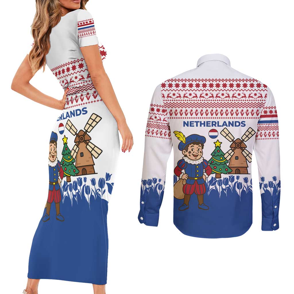 Netherlands Christmas Couples Matching Short Sleeve Bodycon Dress and Long Sleeve Button Shirt with Christmas Tree Windmill Piet Character and Tulip Pattern - Wonder Print Shop