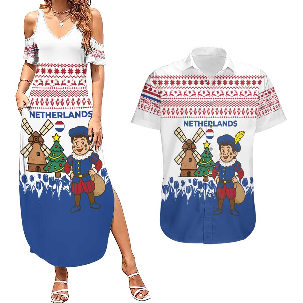 Netherlands Christmas Couples Matching Summer Maxi Dress and Hawaiian Shirt with Christmas Tree Windmill Piet Character and Tulip Pattern - Wonder Print Shop