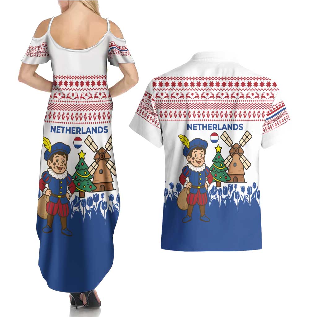 Netherlands Christmas Couples Matching Summer Maxi Dress and Hawaiian Shirt with Christmas Tree Windmill Piet Character and Tulip Pattern - Wonder Print Shop