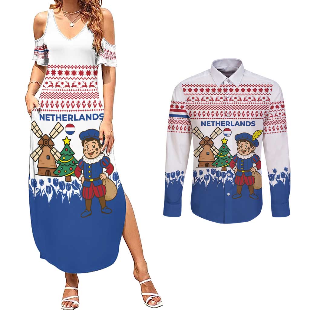 Netherlands Christmas Couples Matching Summer Maxi Dress and Long Sleeve Button Shirt with Christmas Tree Windmill Piet Character and Tulip Pattern - Wonder Print Shop