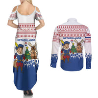 Netherlands Christmas Couples Matching Summer Maxi Dress and Long Sleeve Button Shirt with Christmas Tree Windmill Piet Character and Tulip Pattern - Wonder Print Shop