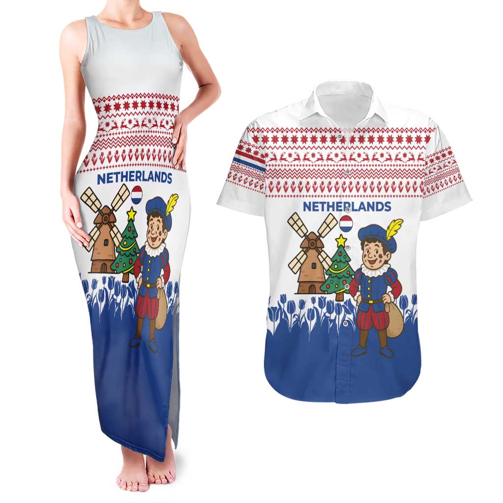 Netherlands Christmas Couples Matching Tank Maxi Dress and Hawaiian Shirt with Christmas Tree Windmill Piet Character and Tulip Pattern - Wonder Print Shop