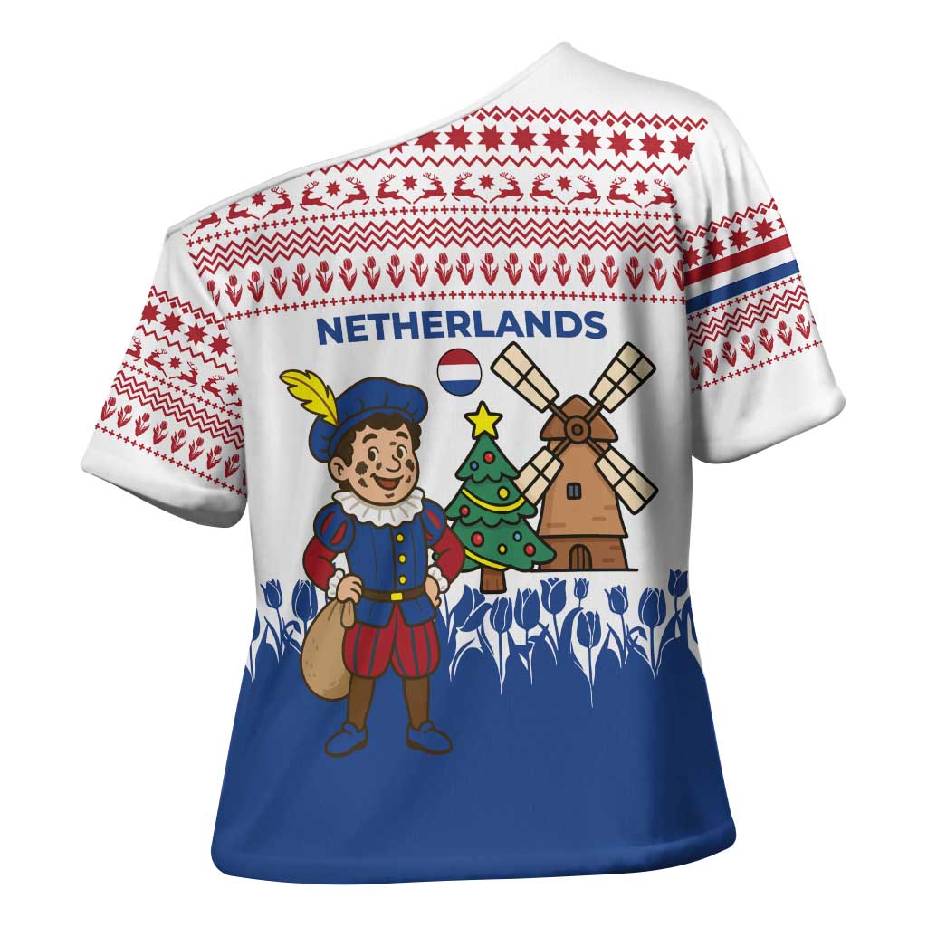 Netherlands Christmas Cross Shoulder Shirt with Christmas Tree Windmill Piet Character and Tulip Pattern - Wonder Print Shop