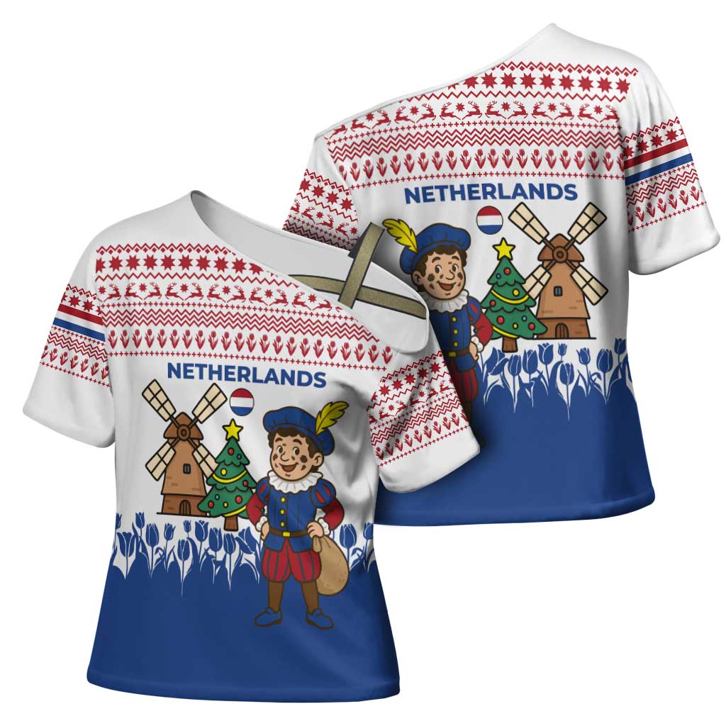 Netherlands Christmas Cross Shoulder Shirt with Christmas Tree Windmill Piet Character and Tulip Pattern - Wonder Print Shop