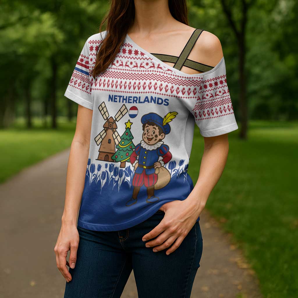 Netherlands Christmas Cross Shoulder Shirt with Christmas Tree Windmill Piet Character and Tulip Pattern - Wonder Print Shop