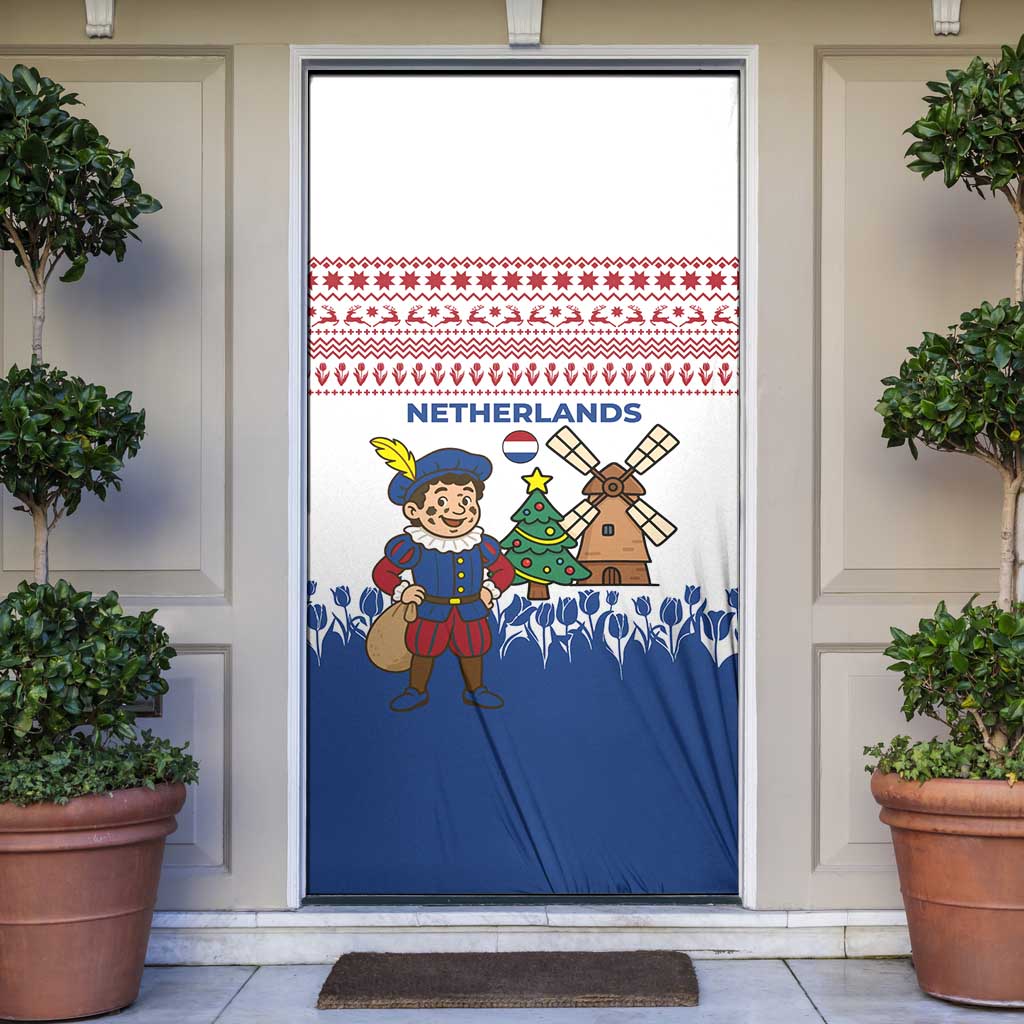 Netherlands Christmas Door Cover with Christmas Tree Windmill Piet Character and Tulip Pattern - Wonder Print Shop