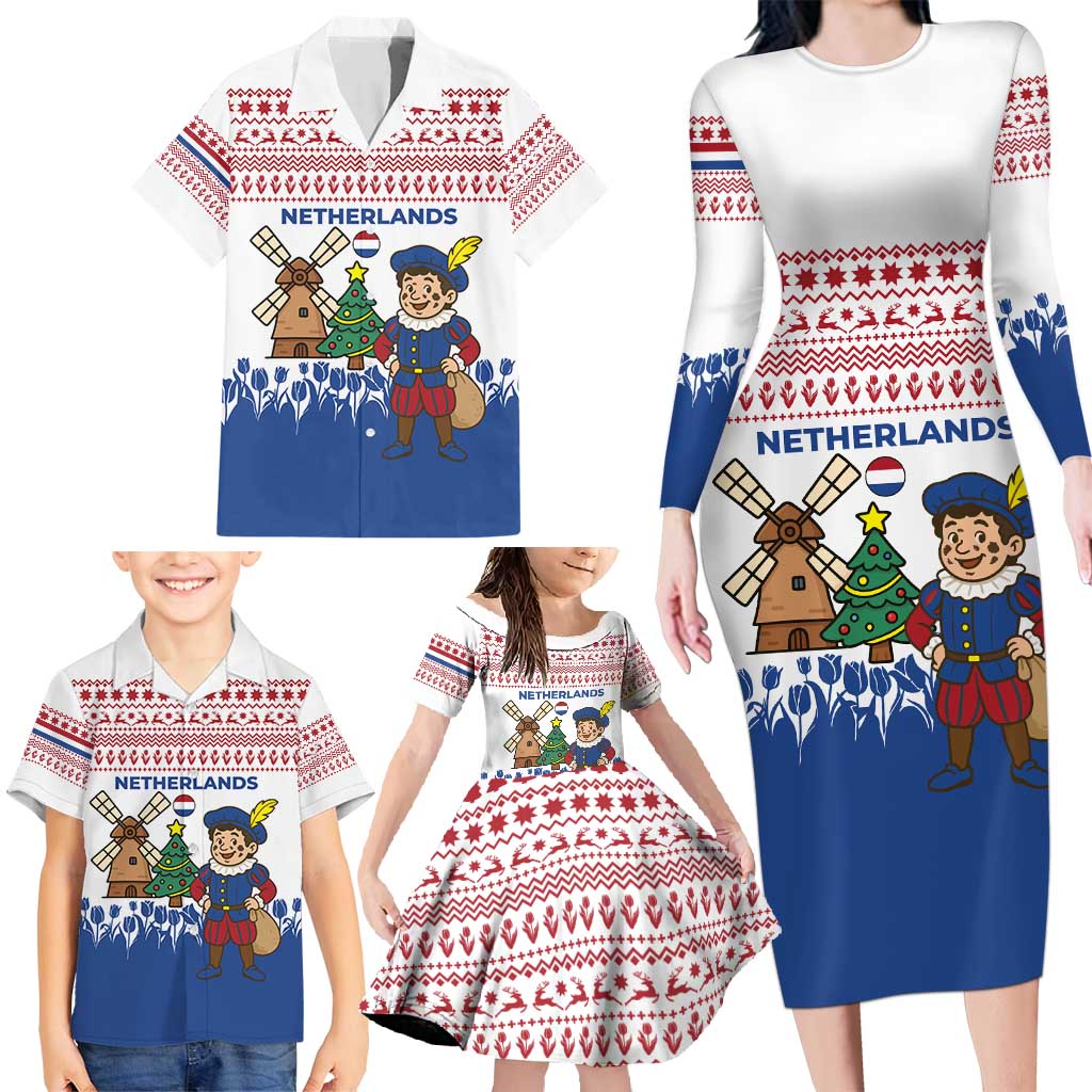 Netherlands Christmas Family Matching Long Sleeve Bodycon Dress and Hawaiian Shirt with Christmas Tree Windmill Piet Character and Tulip Pattern - Wonder Print Shop