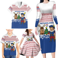 Netherlands Christmas Family Matching Long Sleeve Bodycon Dress and Hawaiian Shirt with Christmas Tree Windmill Piet Character and Tulip Pattern - Wonder Print Shop