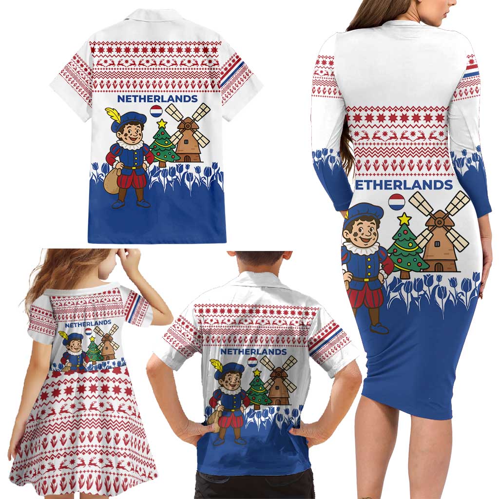Netherlands Christmas Family Matching Long Sleeve Bodycon Dress and Hawaiian Shirt with Christmas Tree Windmill Piet Character and Tulip Pattern - Wonder Print Shop