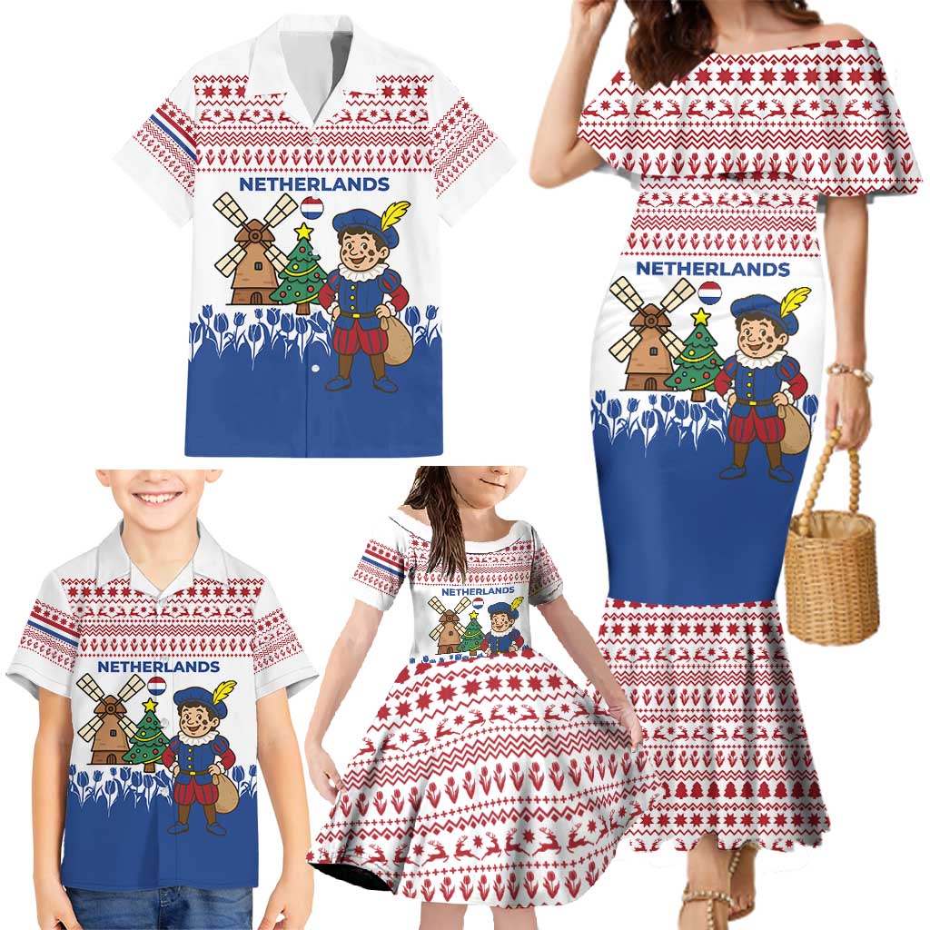 Netherlands Christmas Family Matching Mermaid Dress and Hawaiian Shirt with Christmas Tree Windmill Piet Character and Tulip Pattern - Wonder Print Shop