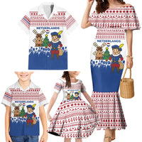 Netherlands Christmas Family Matching Mermaid Dress and Hawaiian Shirt with Christmas Tree Windmill Piet Character and Tulip Pattern - Wonder Print Shop
