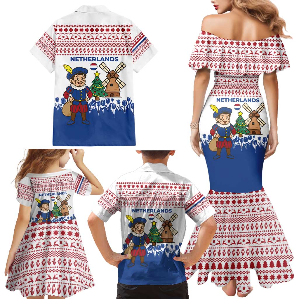 Netherlands Christmas Family Matching Mermaid Dress and Hawaiian Shirt with Christmas Tree Windmill Piet Character and Tulip Pattern - Wonder Print Shop