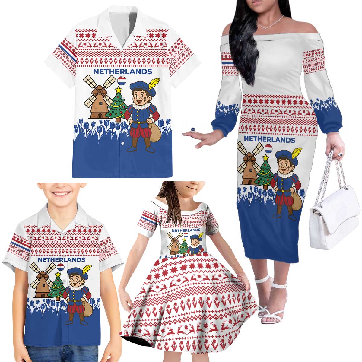 Netherlands Christmas Family Matching Off The Shoulder Long Sleeve Dress and Hawaiian Shirt with Christmas Tree Windmill Piet Character and Tulip Pattern - Wonder Print Shop