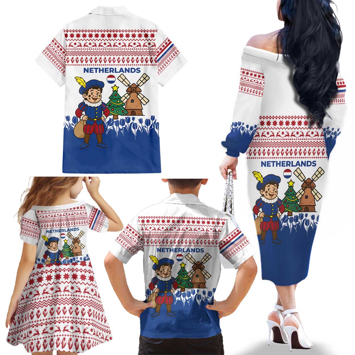 Netherlands Christmas Family Matching Off The Shoulder Long Sleeve Dress and Hawaiian Shirt with Christmas Tree Windmill Piet Character and Tulip Pattern - Wonder Print Shop