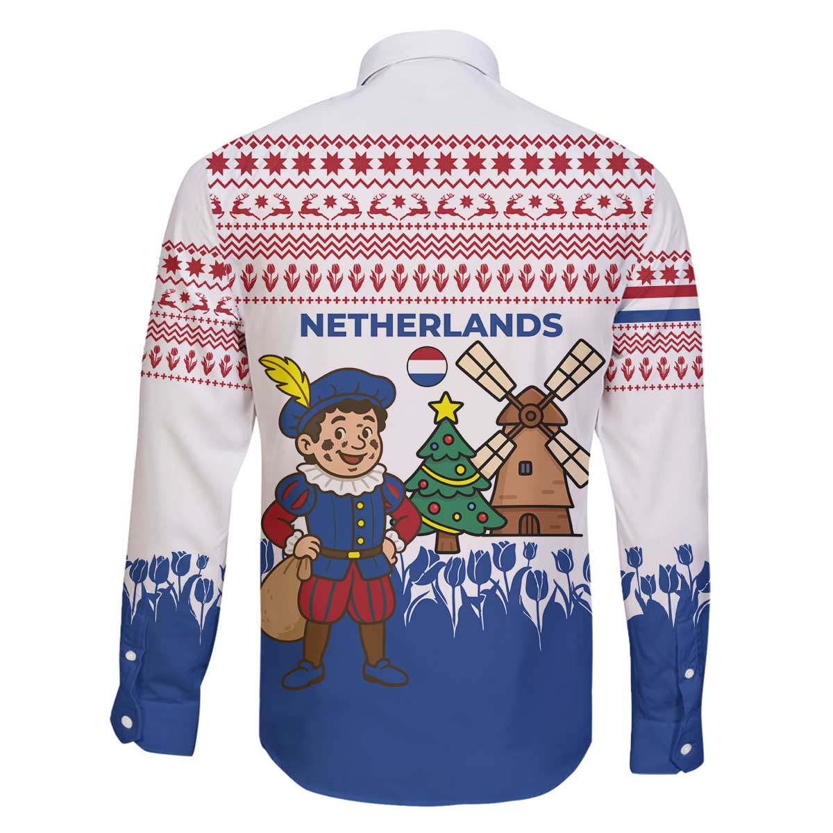 Netherlands Christmas Family Matching Off The Shoulder Long Sleeve Dress and Hawaiian Shirt with Christmas Tree Windmill Piet Character and Tulip Pattern - Wonder Print Shop