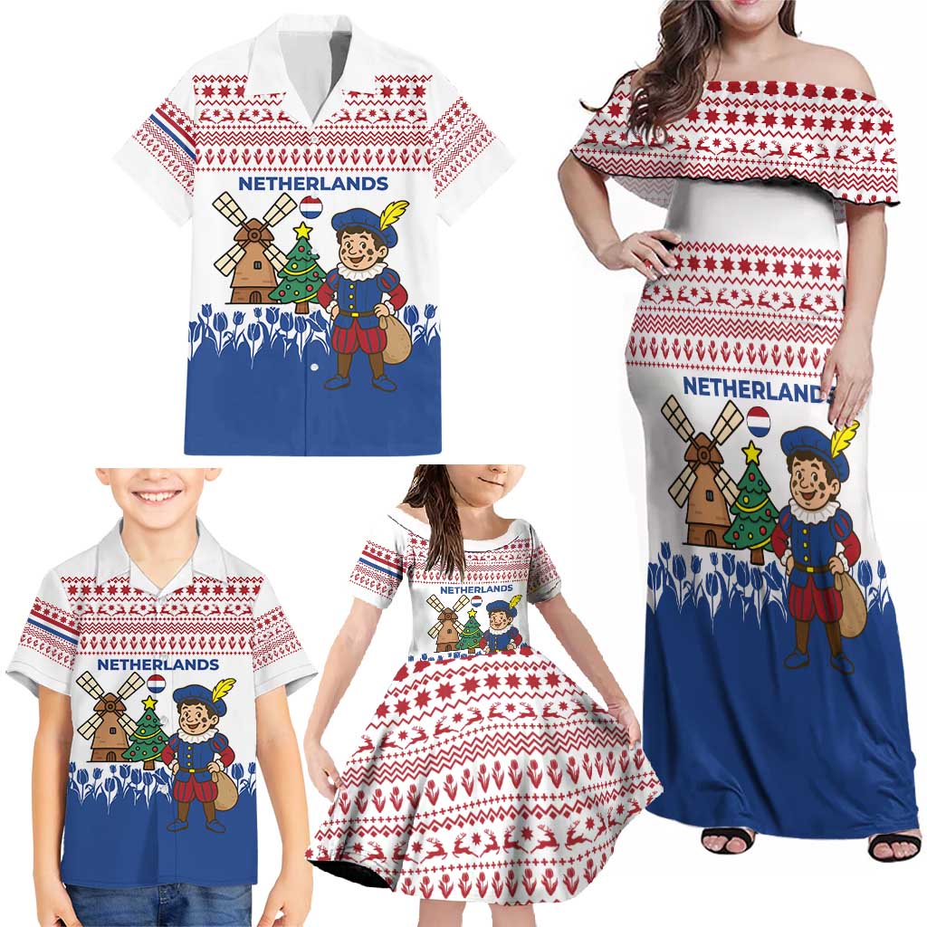 Netherlands Christmas Family Matching Off Shoulder Maxi Dress and Hawaiian Shirt with Christmas Tree Windmill Piet Character and Tulip Pattern - Wonder Print Shop
