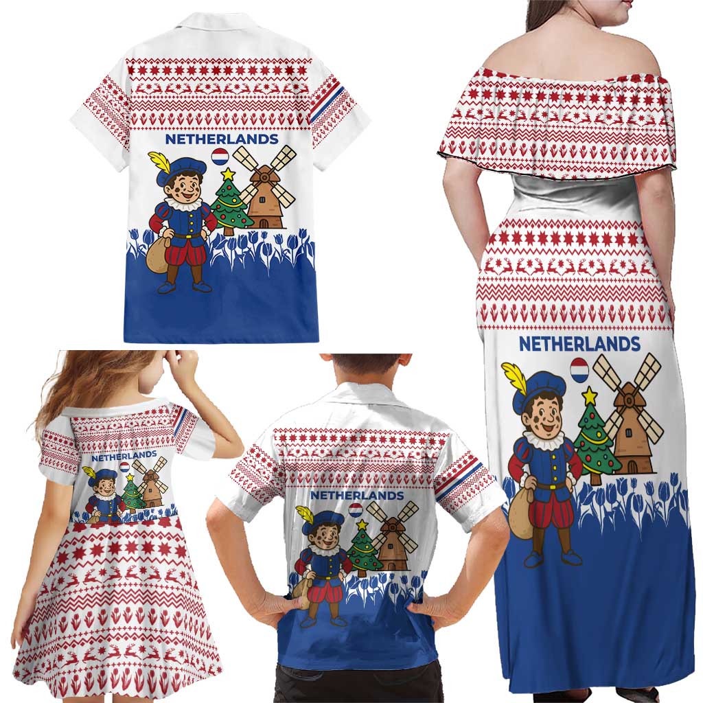 Netherlands Christmas Family Matching Off Shoulder Maxi Dress and Hawaiian Shirt with Christmas Tree Windmill Piet Character and Tulip Pattern - Wonder Print Shop
