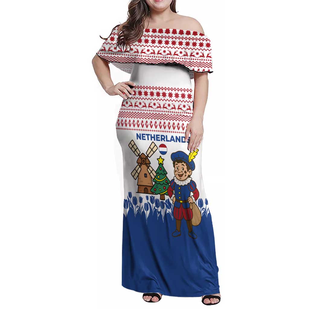 Netherlands Christmas Family Matching Off Shoulder Maxi Dress and Hawaiian Shirt with Christmas Tree Windmill Piet Character and Tulip Pattern - Wonder Print Shop