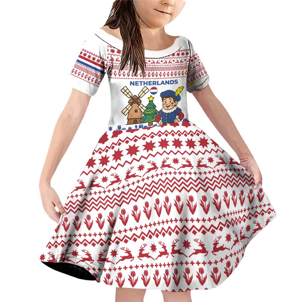 Netherlands Christmas Family Matching Off Shoulder Short Dress and Hawaiian Shirt with Christmas Tree Windmill Piet Character and Tulip Pattern - Wonder Print Shop