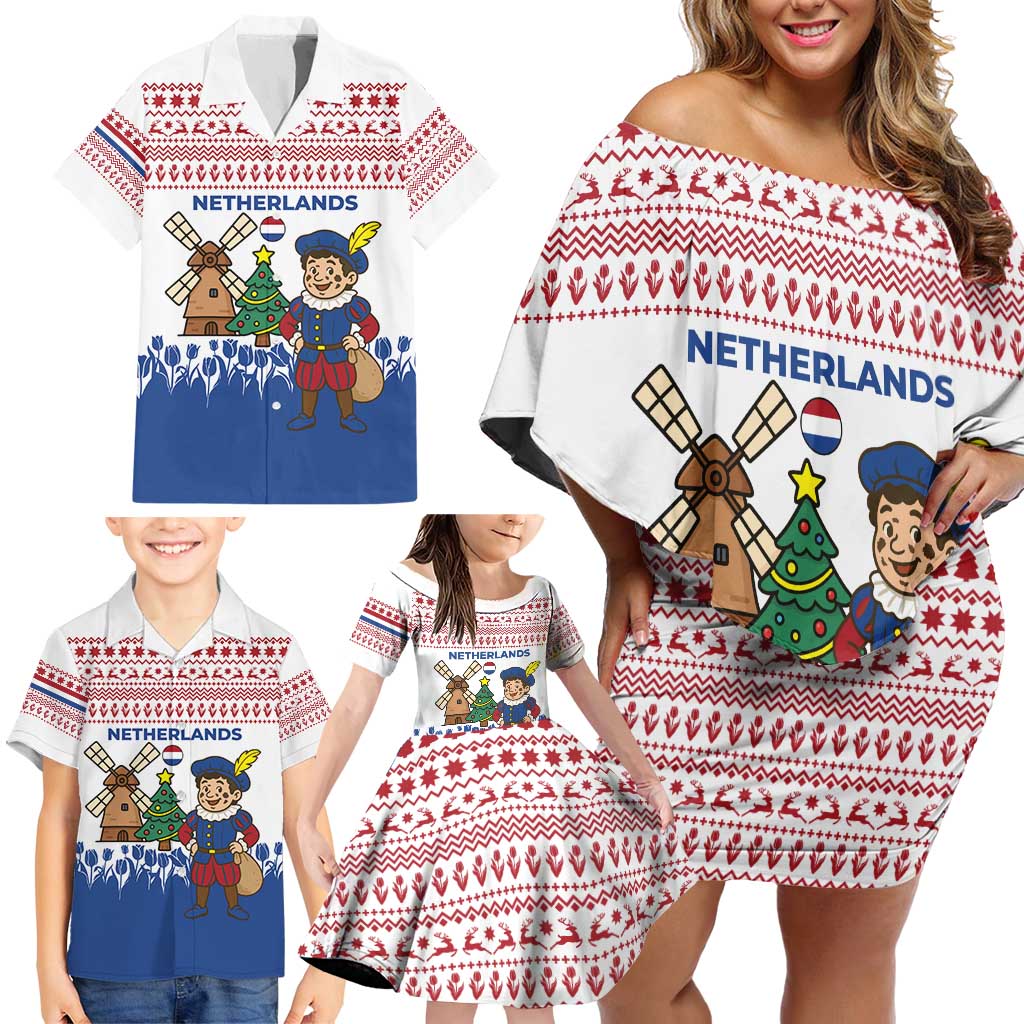 Netherlands Christmas Family Matching Off Shoulder Short Dress and Hawaiian Shirt with Christmas Tree Windmill Piet Character and Tulip Pattern - Wonder Print Shop