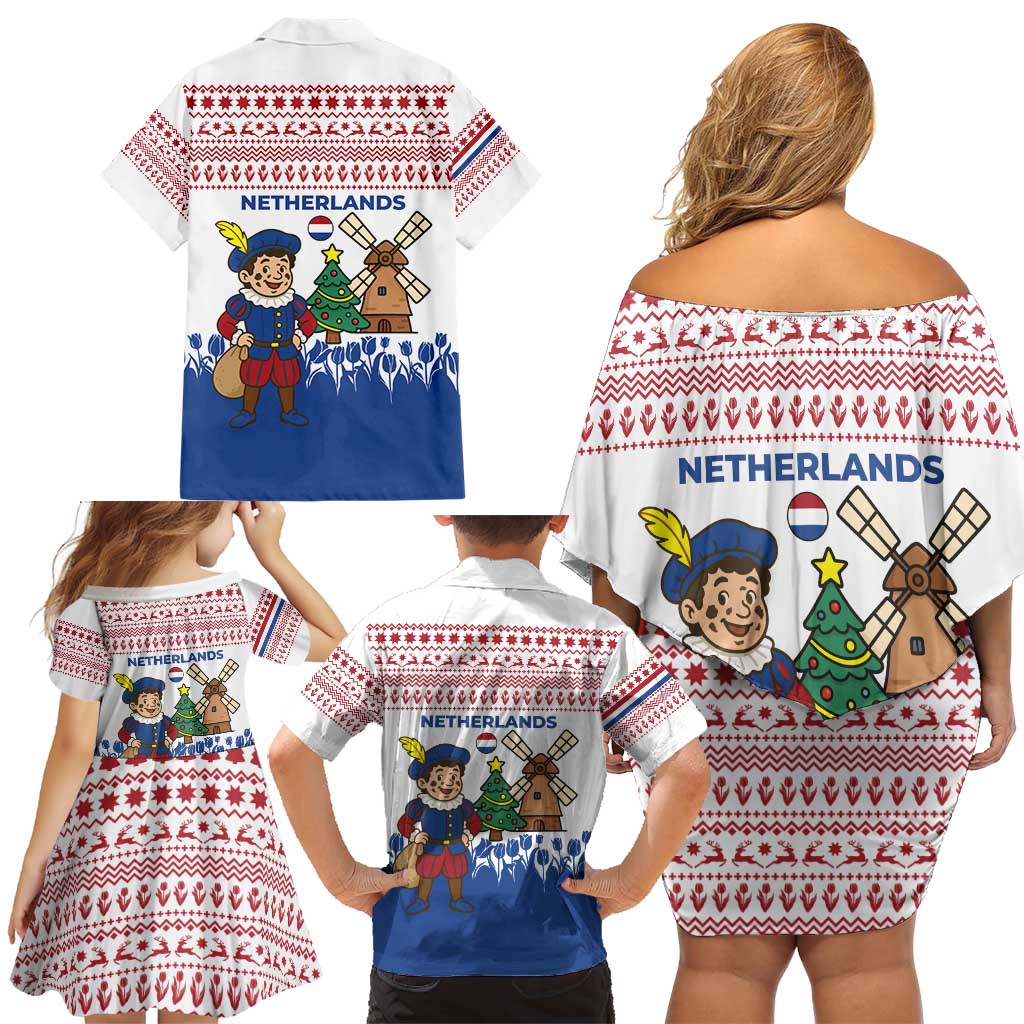 Netherlands Christmas Family Matching Off Shoulder Short Dress and Hawaiian Shirt with Christmas Tree Windmill Piet Character and Tulip Pattern - Wonder Print Shop