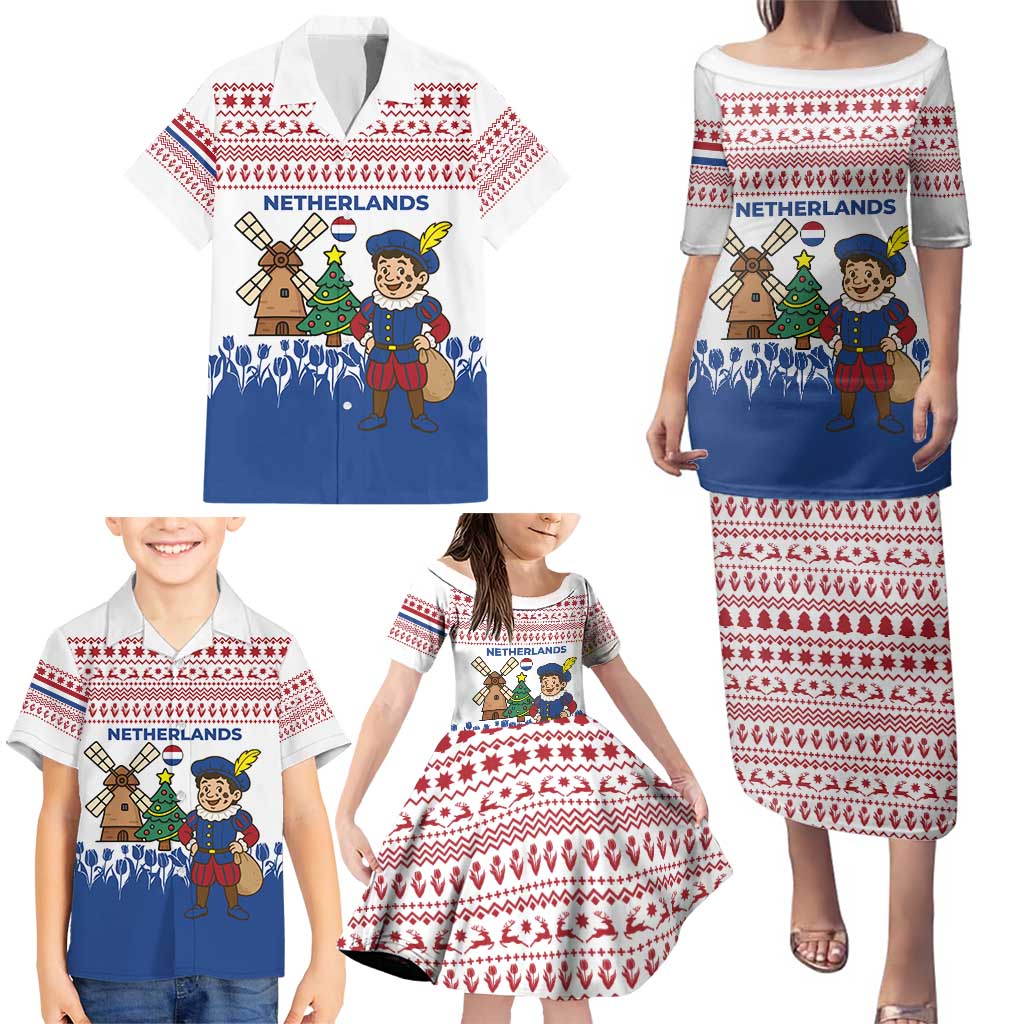 Netherlands Christmas Family Matching Puletasi and Hawaiian Shirt with Christmas Tree Windmill Piet Character and Tulip Pattern - Wonder Print Shop