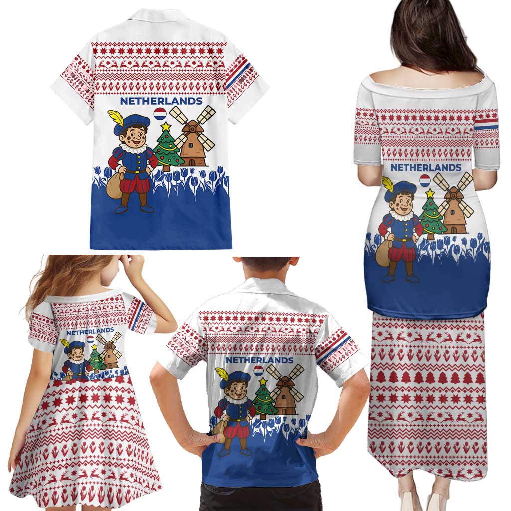 Netherlands Christmas Family Matching Puletasi and Hawaiian Shirt with Christmas Tree Windmill Piet Character and Tulip Pattern - Wonder Print Shop