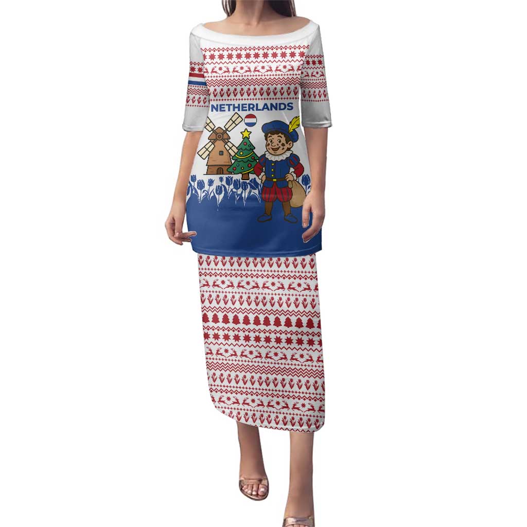 Netherlands Christmas Family Matching Puletasi and Hawaiian Shirt with Christmas Tree Windmill Piet Character and Tulip Pattern - Wonder Print Shop