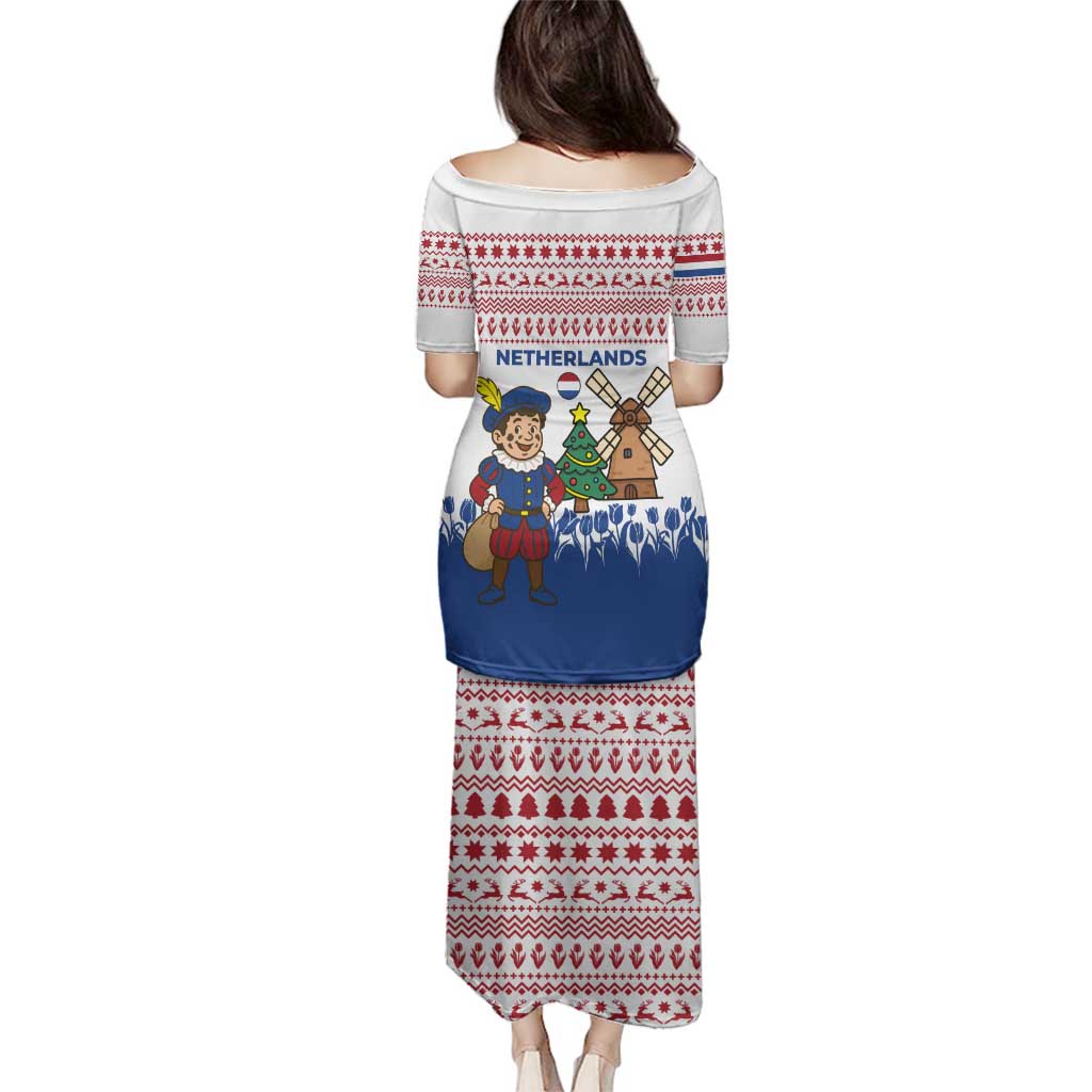 Netherlands Christmas Family Matching Puletasi and Hawaiian Shirt with Christmas Tree Windmill Piet Character and Tulip Pattern - Wonder Print Shop