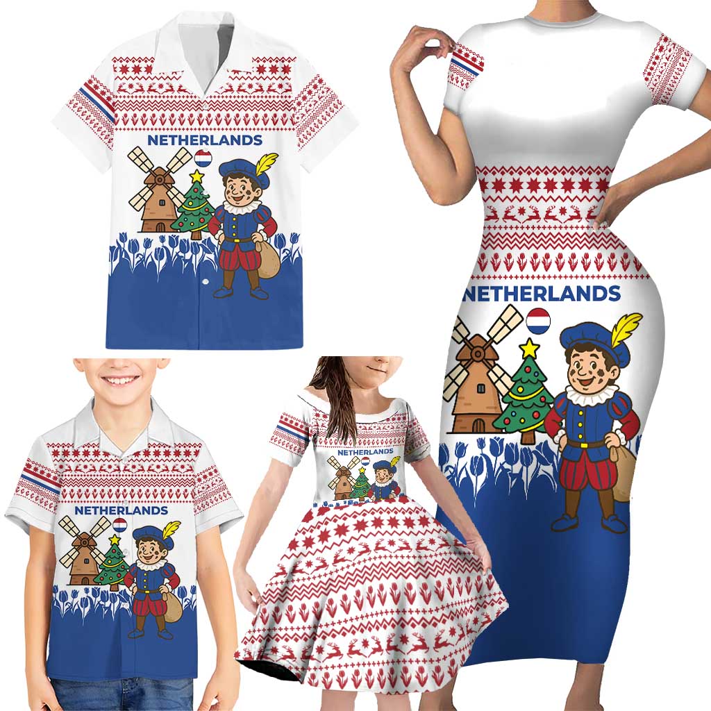 Netherlands Christmas Family Matching Short Sleeve Bodycon Dress and Hawaiian Shirt with Christmas Tree Windmill Piet Character and Tulip Pattern - Wonder Print Shop