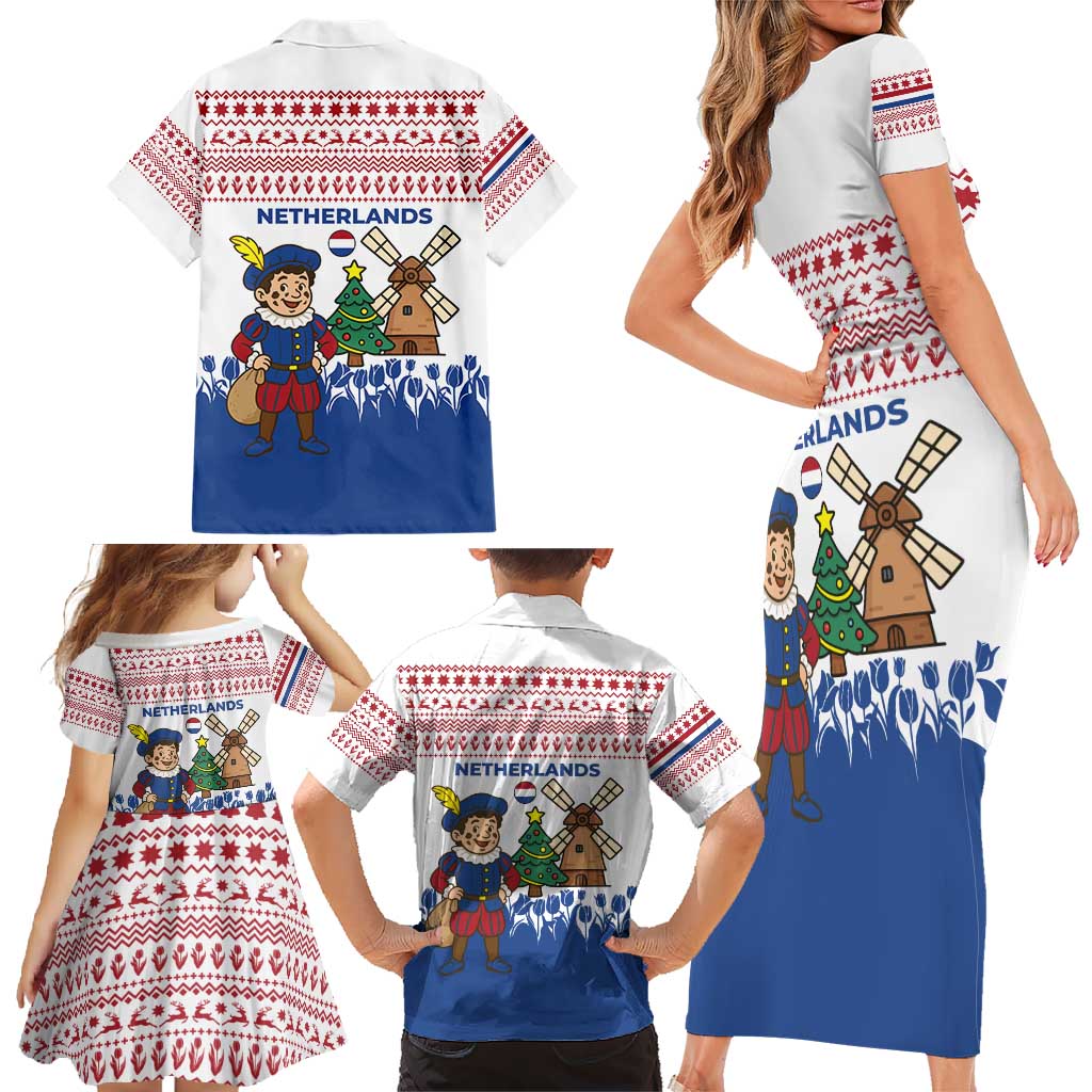 Netherlands Christmas Family Matching Short Sleeve Bodycon Dress and Hawaiian Shirt with Christmas Tree Windmill Piet Character and Tulip Pattern - Wonder Print Shop