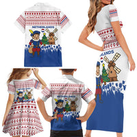 Netherlands Christmas Family Matching Short Sleeve Bodycon Dress and Hawaiian Shirt with Christmas Tree Windmill Piet Character and Tulip Pattern - Wonder Print Shop
