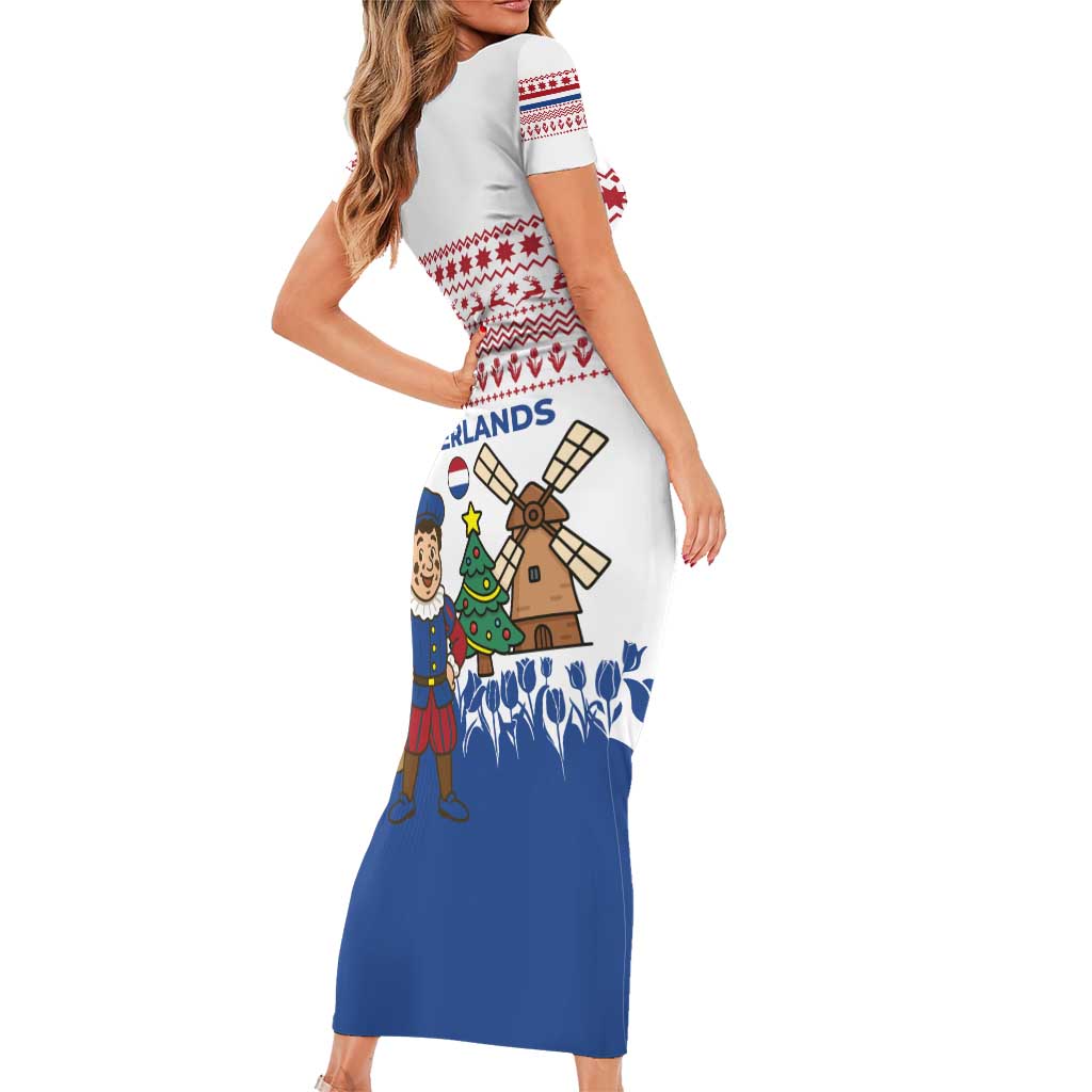 Netherlands Christmas Family Matching Short Sleeve Bodycon Dress and Hawaiian Shirt with Christmas Tree Windmill Piet Character and Tulip Pattern - Wonder Print Shop