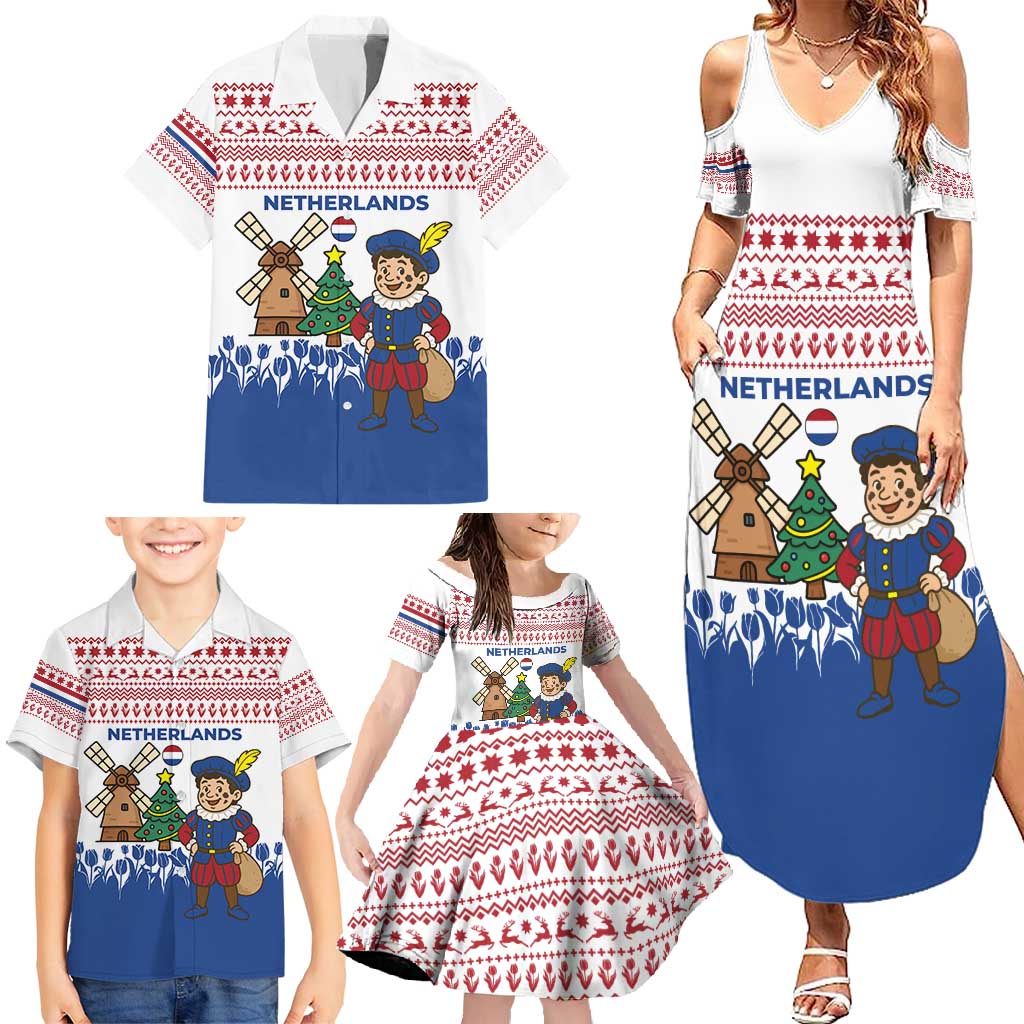 Netherlands Christmas Family Matching Summer Maxi Dress and Hawaiian Shirt with Christmas Tree Windmill Piet Character and Tulip Pattern - Wonder Print Shop