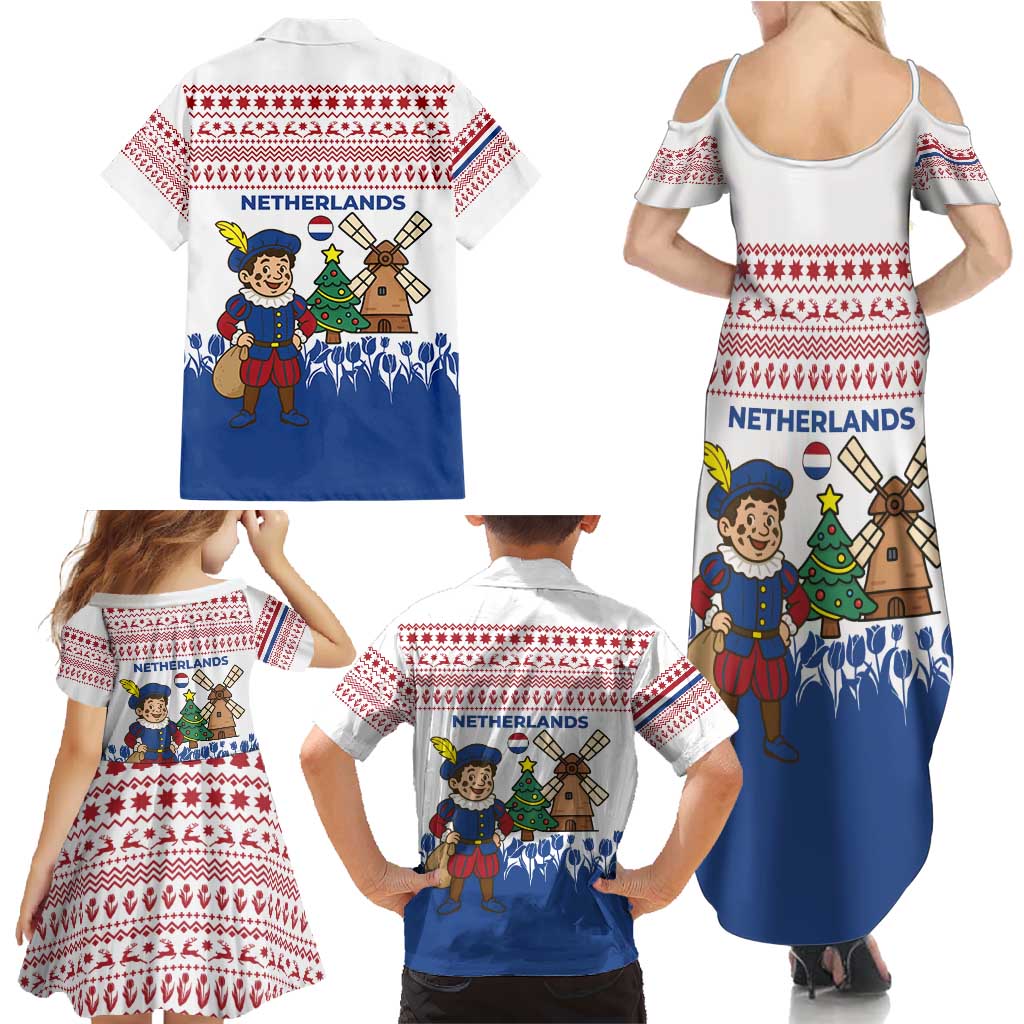 Netherlands Christmas Family Matching Summer Maxi Dress and Hawaiian Shirt with Christmas Tree Windmill Piet Character and Tulip Pattern - Wonder Print Shop