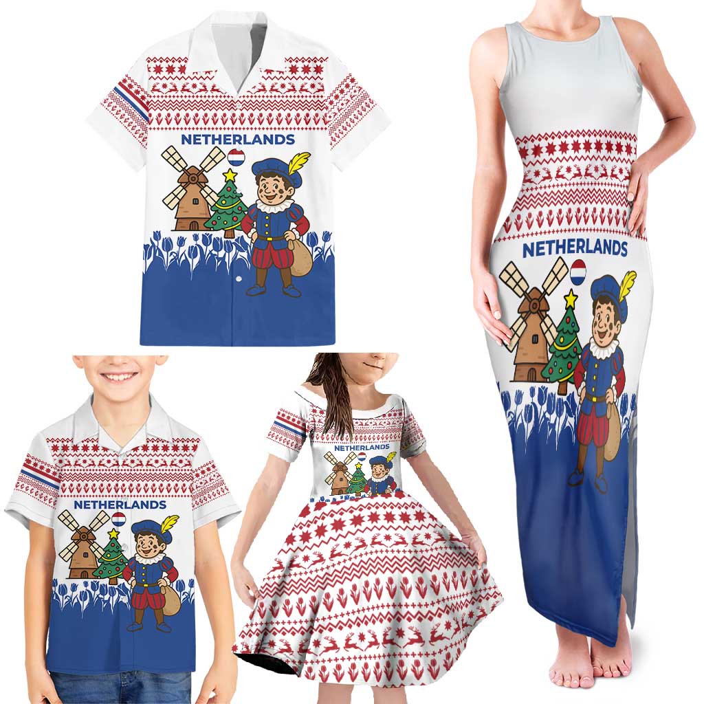 Netherlands Christmas Family Matching Tank Maxi Dress and Hawaiian Shirt with Christmas Tree Windmill Piet Character and Tulip Pattern - Wonder Print Shop