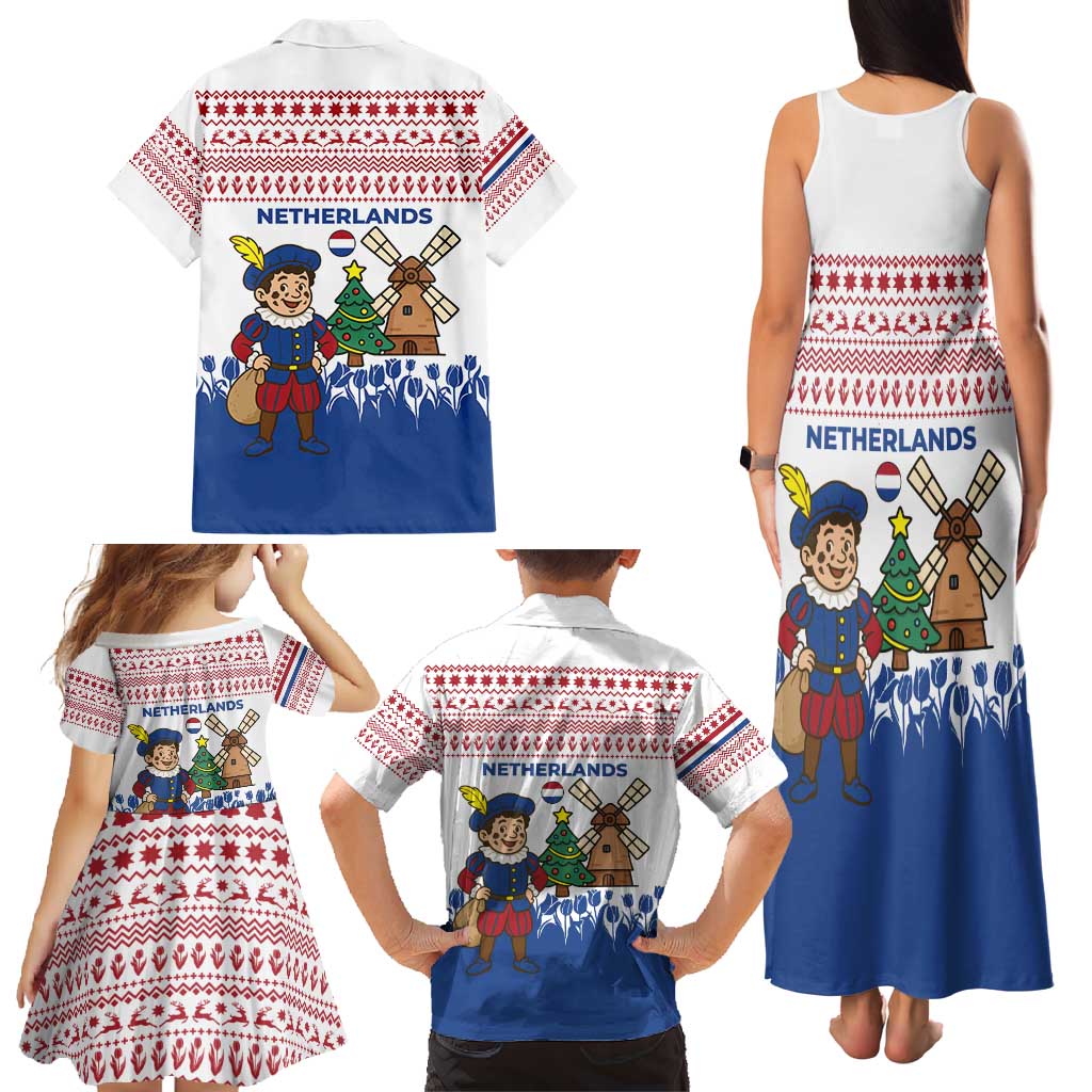 Netherlands Christmas Family Matching Tank Maxi Dress and Hawaiian Shirt with Christmas Tree Windmill Piet Character and Tulip Pattern - Wonder Print Shop