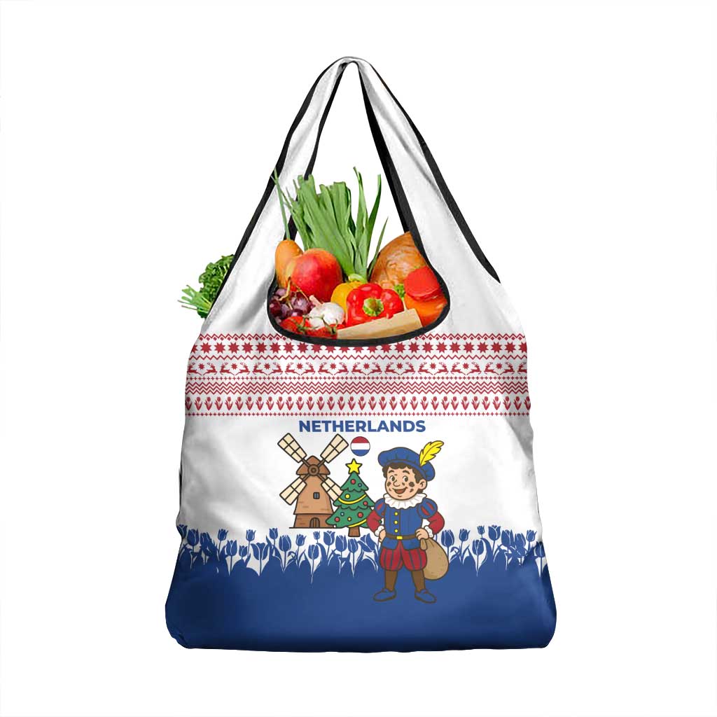 Netherlands Christmas Grocery Bag with Christmas Tree Windmill Piet Character and Tulip Pattern - Wonder Print Shop