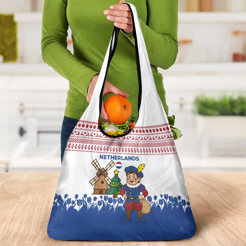 Netherlands Christmas Grocery Bag with Christmas Tree Windmill Piet Character and Tulip Pattern - Wonder Print Shop