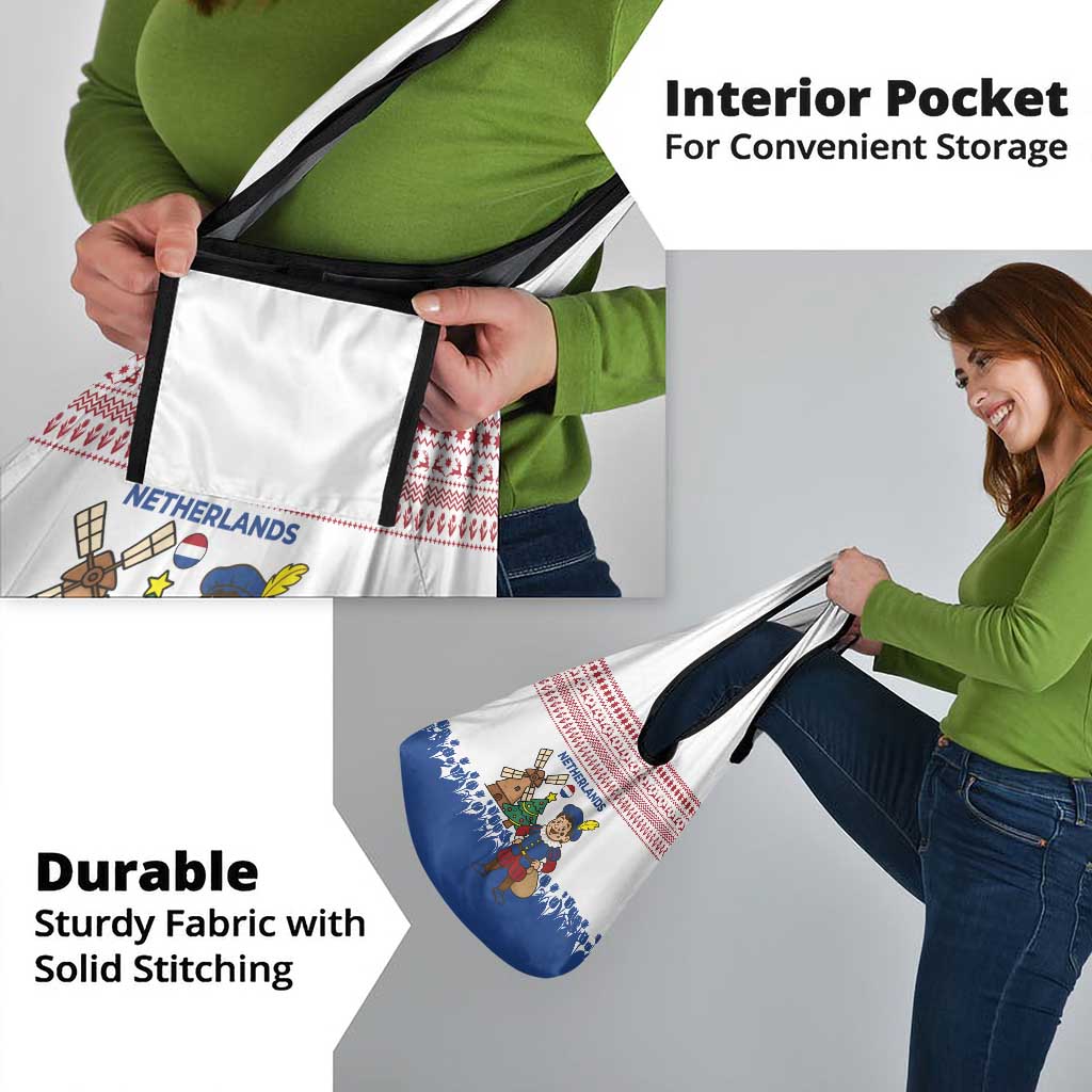 Netherlands Christmas Grocery Bag with Christmas Tree Windmill Piet Character and Tulip Pattern - Wonder Print Shop