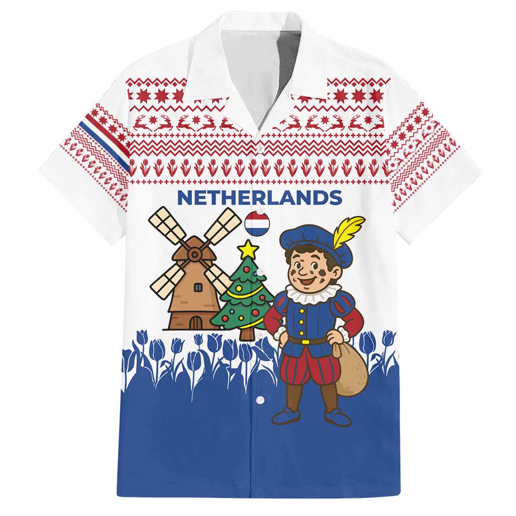 Netherlands Christmas Hawaiian Shirt with Christmas Tree Windmill Piet Character and Tulip Pattern - Wonder Print Shop
