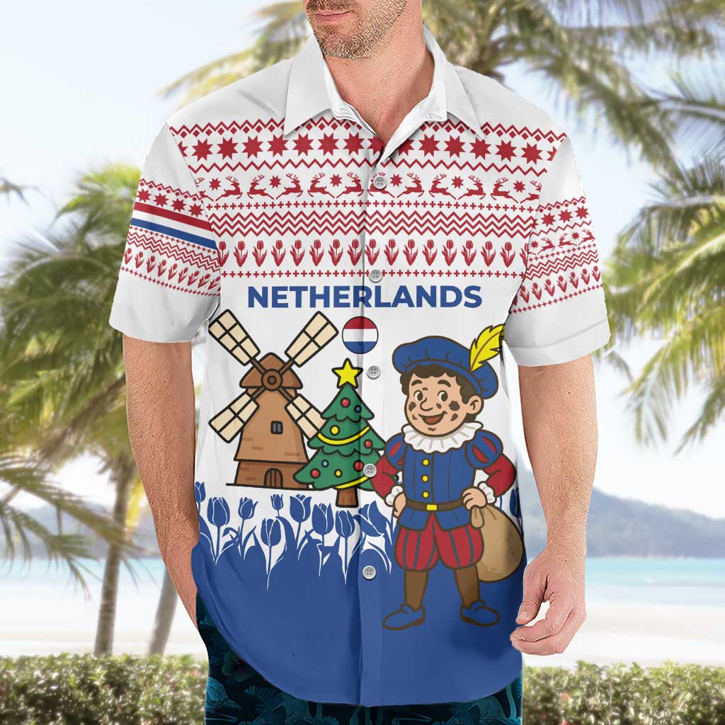 Netherlands Christmas Hawaiian Shirt with Christmas Tree Windmill Piet Character and Tulip Pattern - Wonder Print Shop