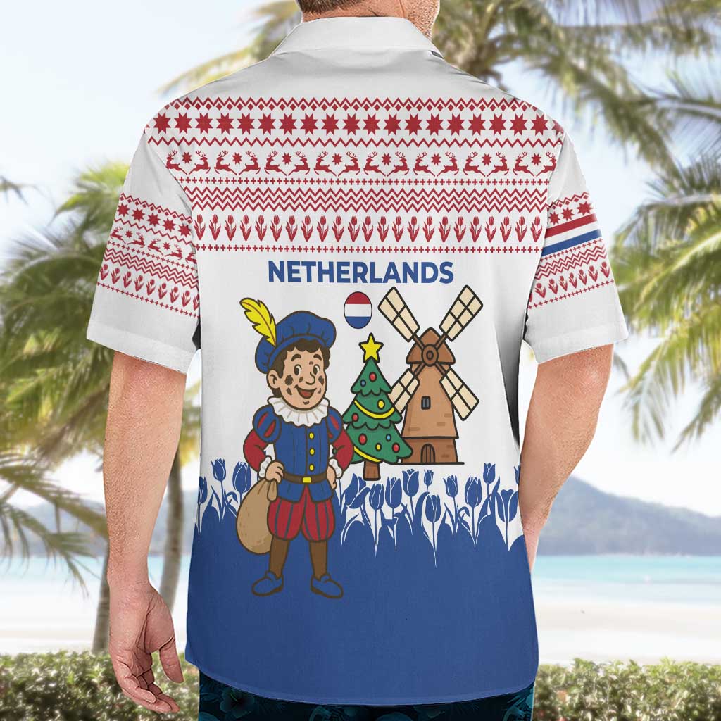 Netherlands Christmas Hawaiian Shirt with Christmas Tree Windmill Piet Character and Tulip Pattern - Wonder Print Shop