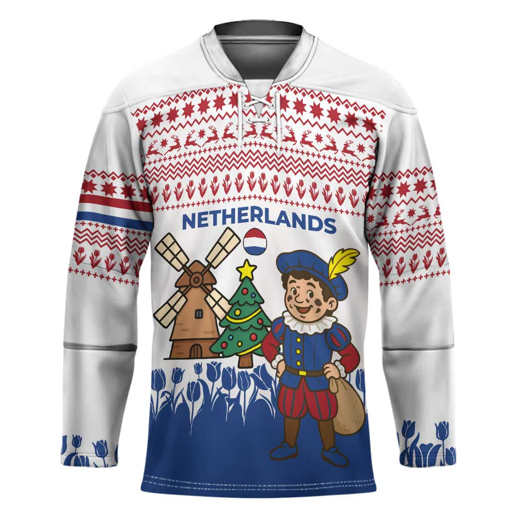 Netherlands Christmas Hockey Jersey with Christmas Tree Windmill Piet Character and Tulip Pattern - Wonder Print Shop