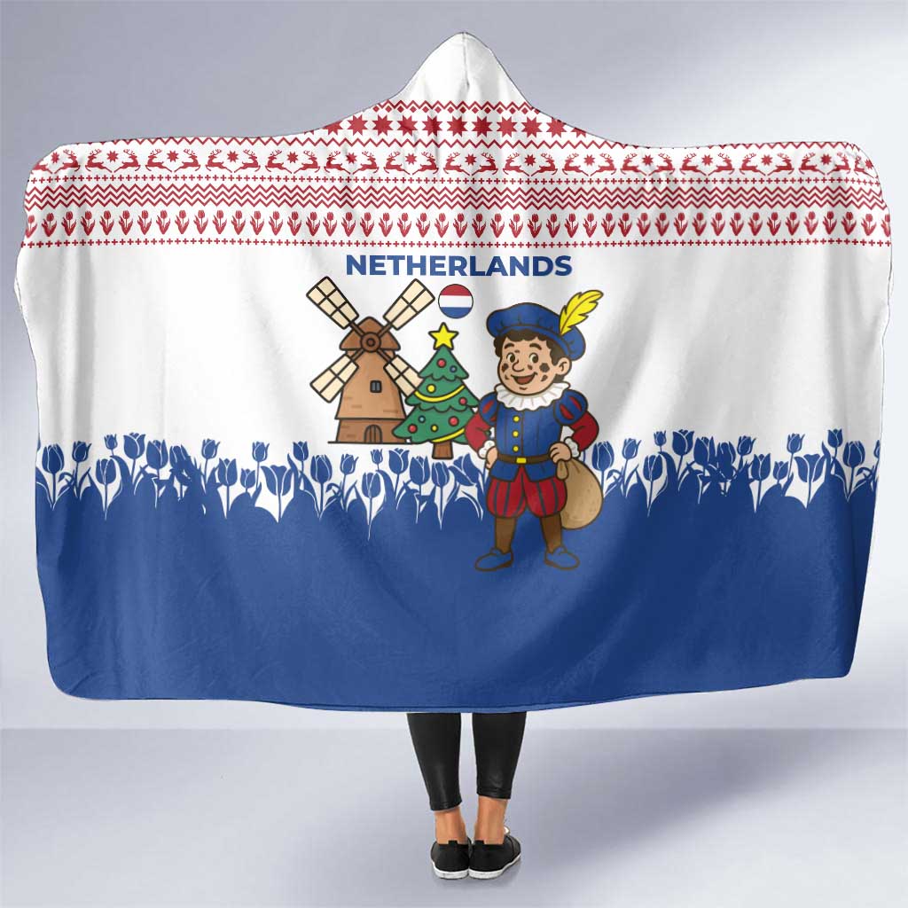 Netherlands Christmas Hooded Blanket with Christmas Tree Windmill Piet Character and Tulip Pattern - Wonder Print Shop